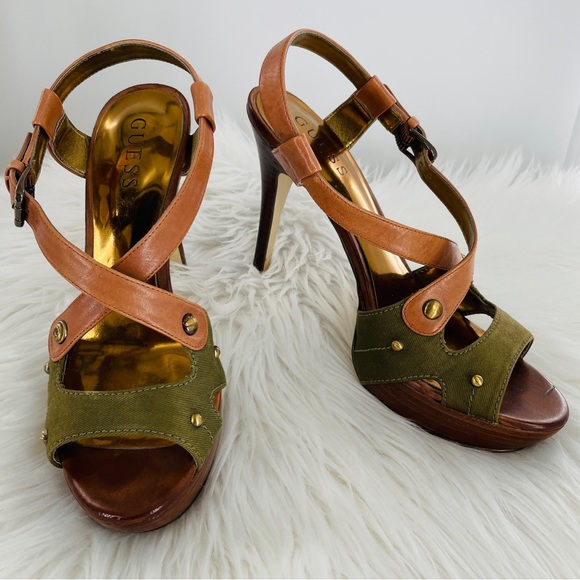 Guess Belloma Leather and Olive Canvas Platform Sandals - Picture 2 of 7
